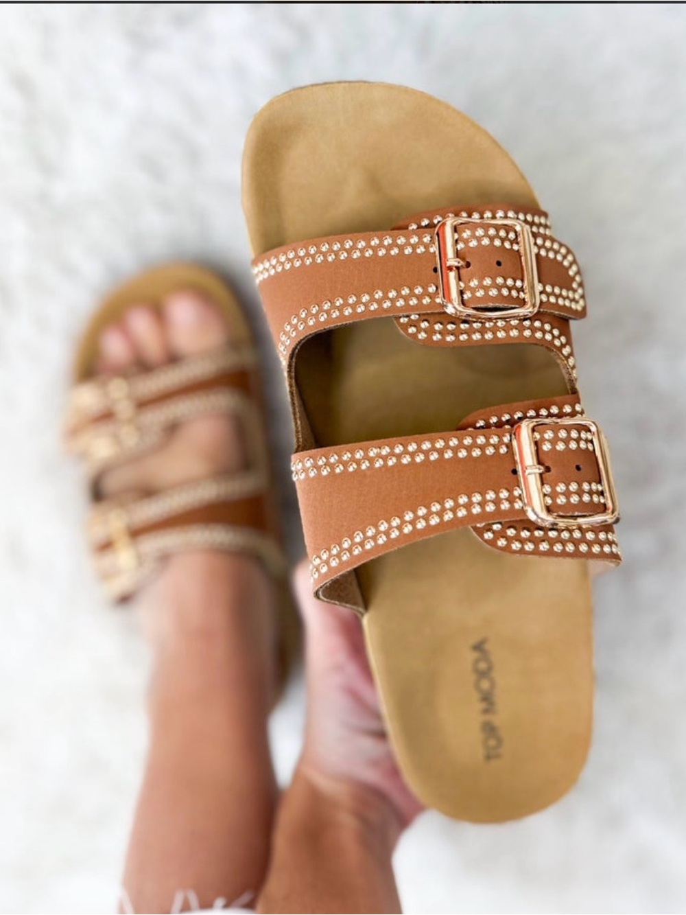 Avril Platform Double-Buckle Studded Slide Sandals